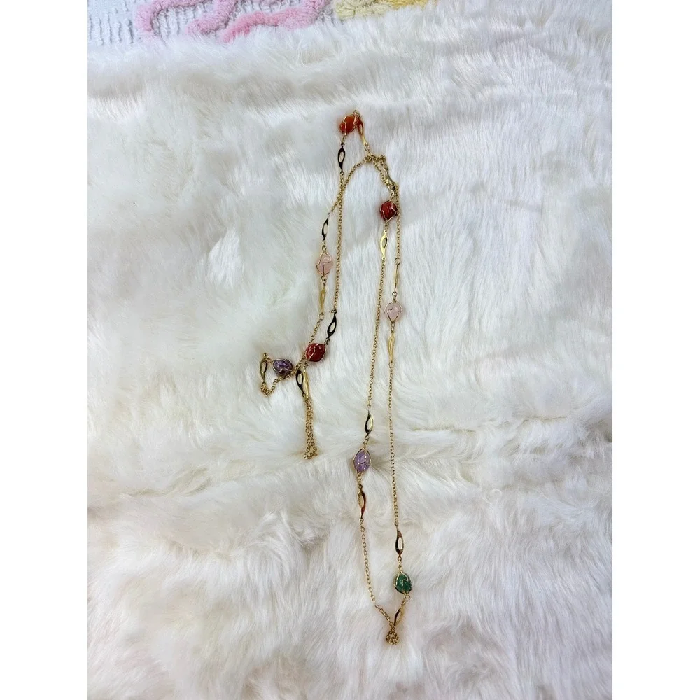 Gold Tone vtg Multi Color Gemstone Long Layering‎ Necklace Women's Fashion